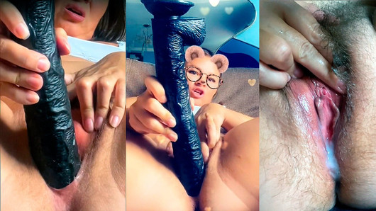 Ebenholz, BBC, Dildo-Orgasmus. Riesiges haariges Monster mit offener Muschi. Tropfender Muschisaft. Sahnige, nasse Muschi.