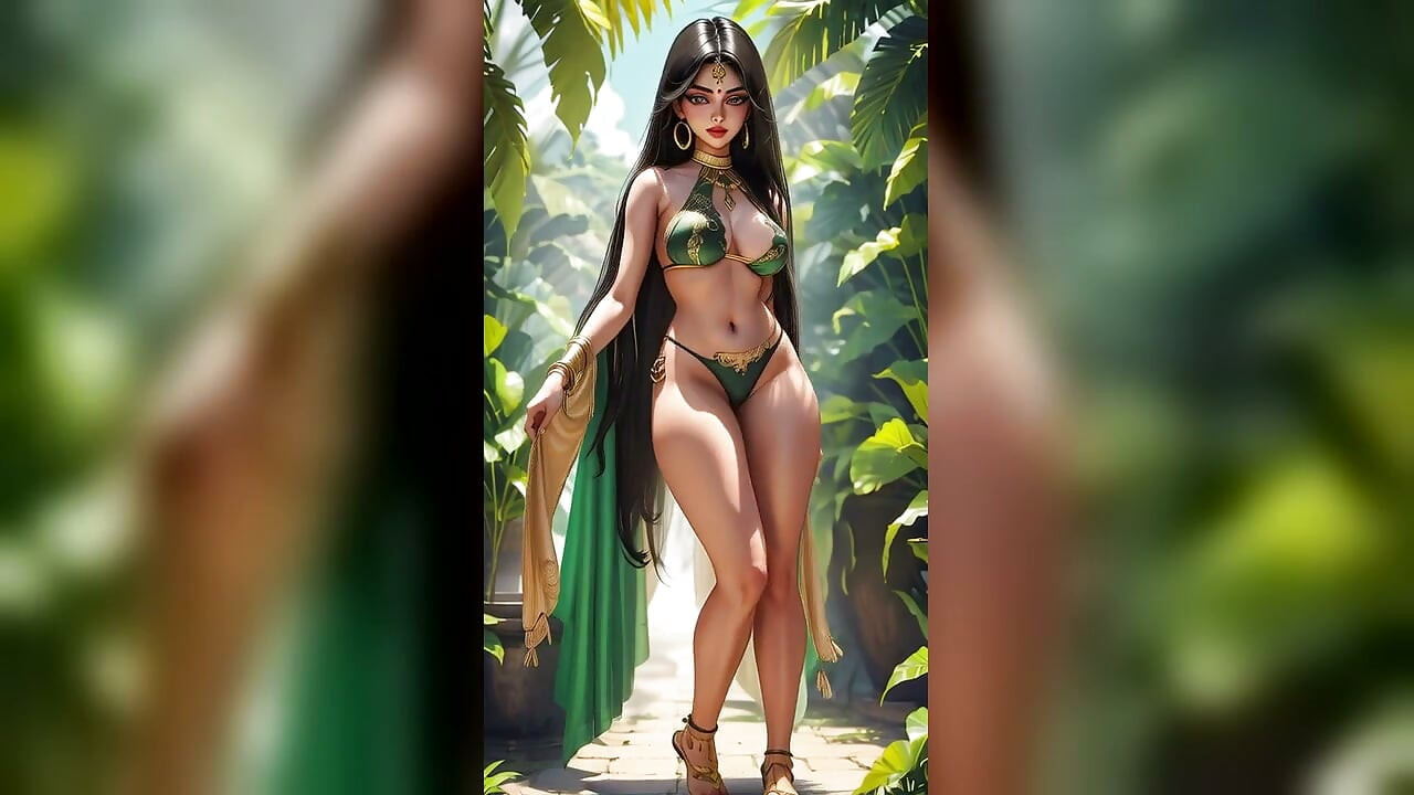 Beleza indiana Priya, bhabhi desi, dança de biquíni verde no jardim do templo (modelo IA)