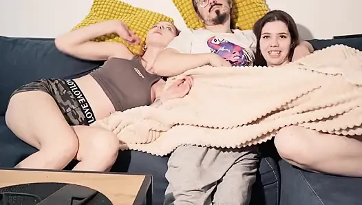 Secret Blowjob From My Stepsisters While Watching TV