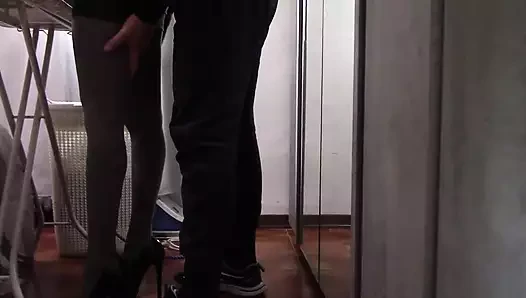 Ironing porn video – The MILF with Beautiful Legs and Pantyhose Irons and Gets Touched and Fucked