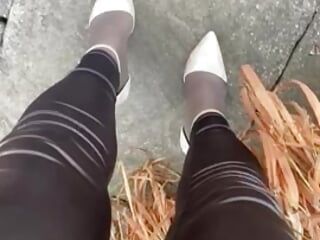 Walking in heels and latex leggings