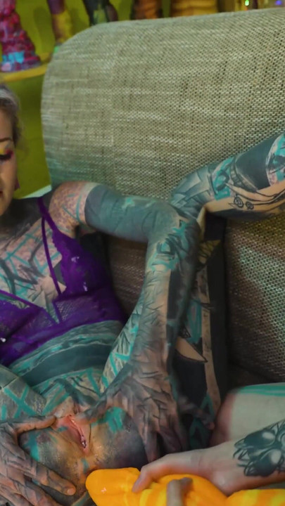 Double Tattooed Bottoms Inked-up Girls Take a Big Cock Together | Clip 1