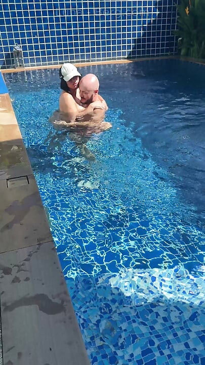 Pool Day: Busty Wife Having Fun with Her Lover. Big Tits, Sun and Big Cock