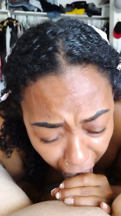 Hot Ebony Blasian deepthroats white cock till she spits out cum