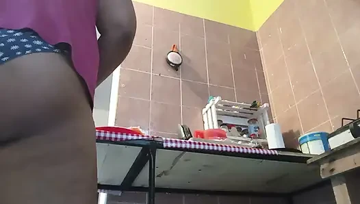 Fat buttock cooking in panties and shows hairy