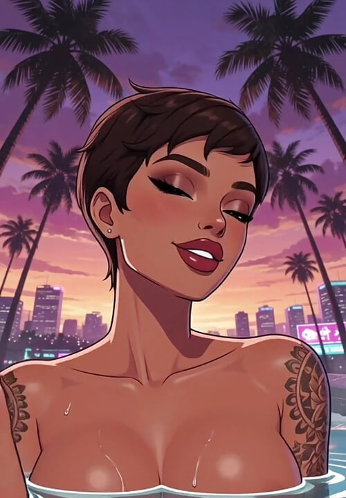 Curvy Anime MILF Huge Boobs Sunset Cyber City Tease
