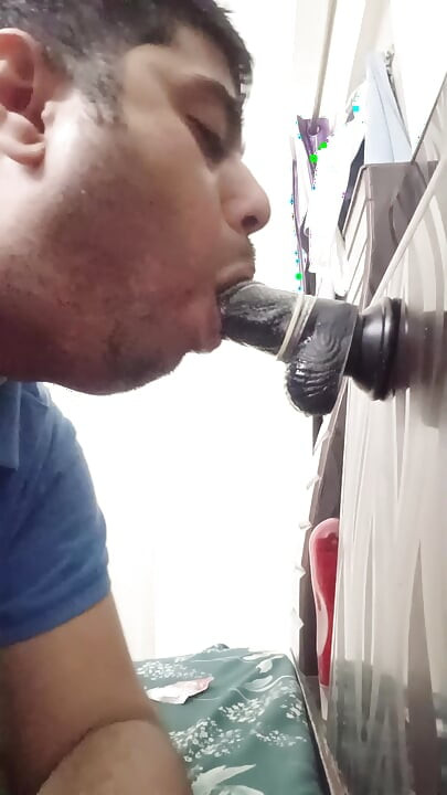 Gay bottom huge dildo sucking