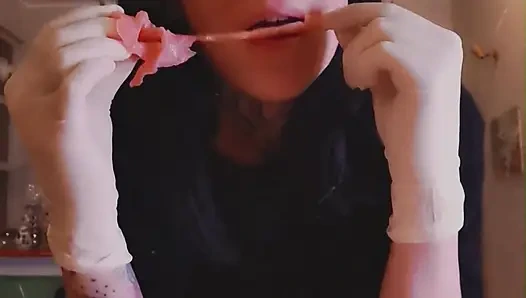 i'm hungry now eating salmon WHITE LATEX GLOVES GODDESSLOLLI
