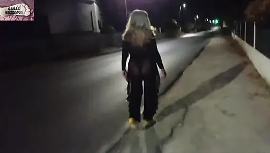 Mel showing off in public on the side of the road 13