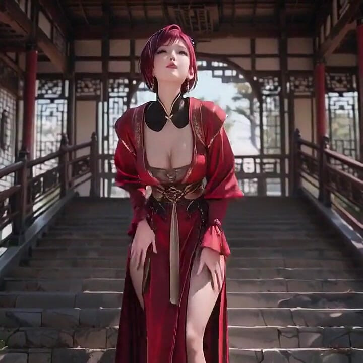 Red-haired Goddess in Oriental Seduction! the Ultimate Contrast Between the Chinese Pavilion and the Pristine White Bathroom.