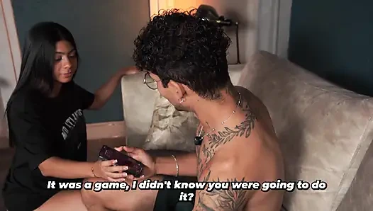 Stepbrother accidentally shows his penis to his slim stepsister, and she wants to see it.