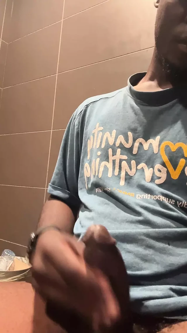 At Work In The Bathroom Again Jerking Off To The Point Where I Pre Cum enough To Eat My Pre Cum
