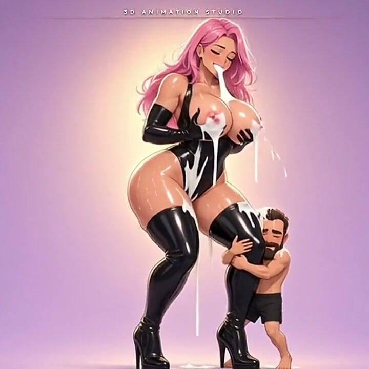 Pink-haired Anime Latex Giantess Squeezes Milk From Her Huge Tits as a Tiny Man Hugs Her Boot