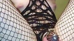 Brunette Sissy Ladyboy in Metal Chastity Fucks Her Boypussy with BBC Black Dildos while wearing fishnets