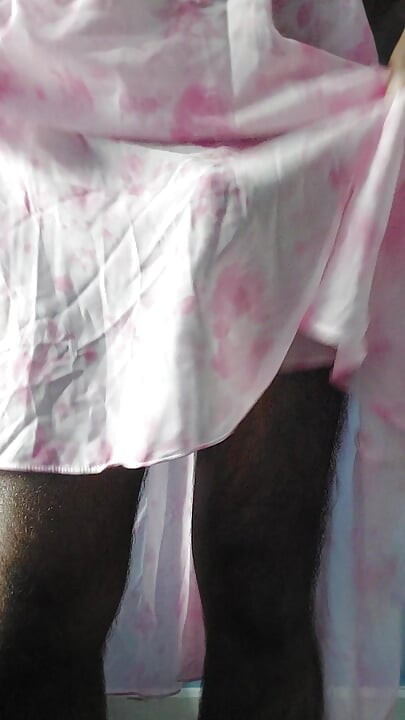 It feels so horny to masterbate wearing a silk seethrough fleard chiffon flowers frock