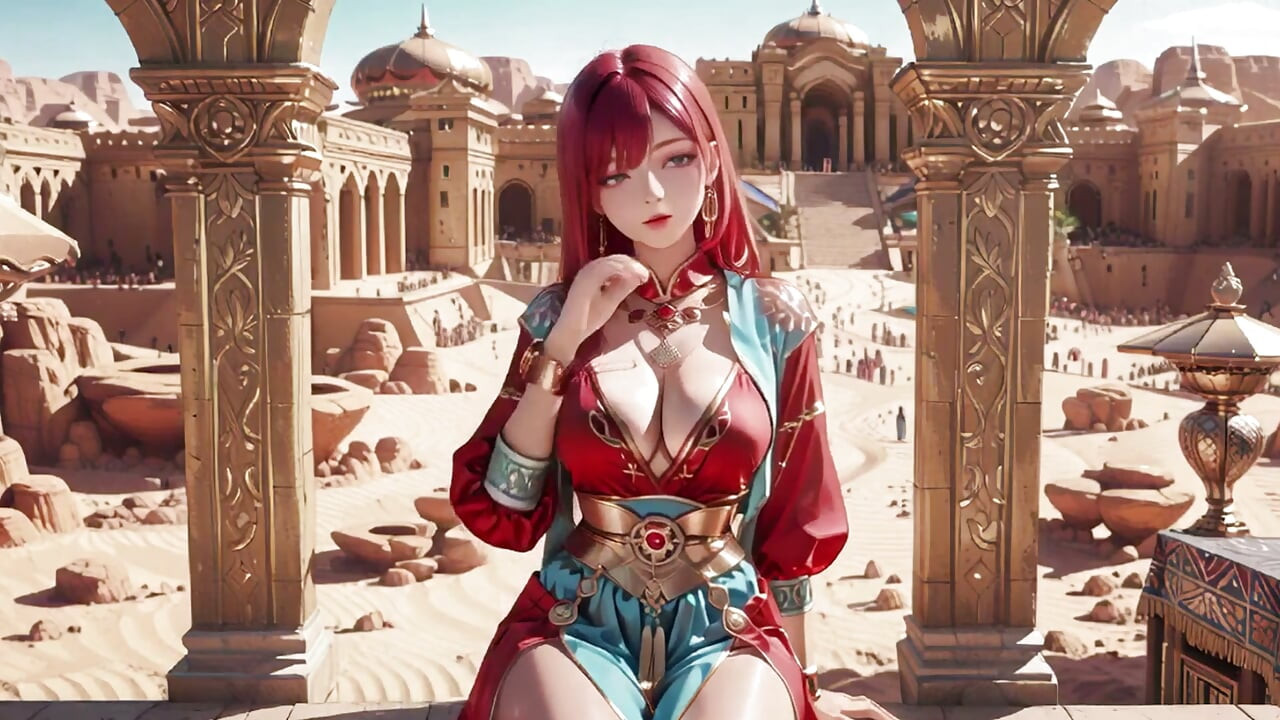 الملكة الحمراء في الصحراء! فترة بعد الظهر الكسولة في القصر الذهبي، فستان مفتوح الظهر مبلل قليلاً.