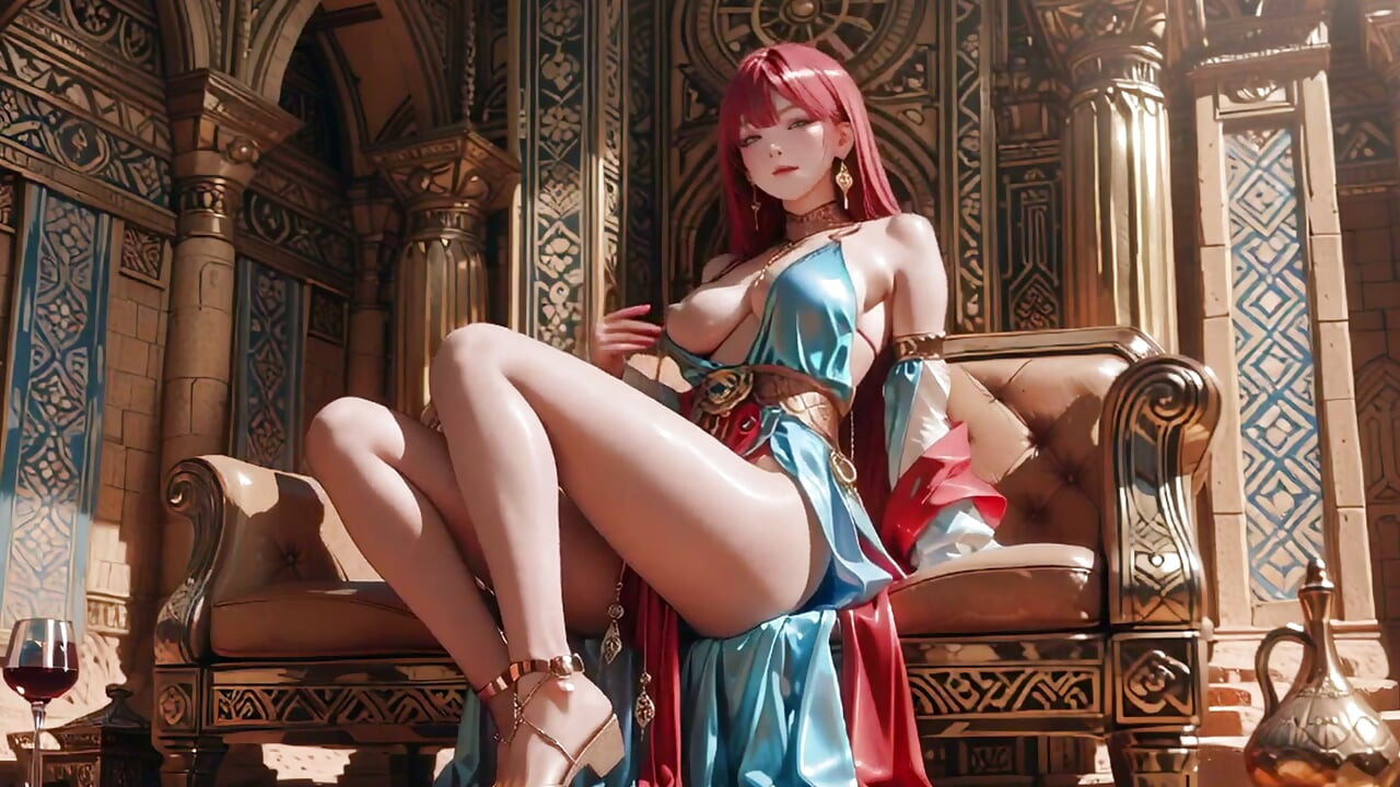 Red Queen in the Desert! Lazy Afternoon in the Golden Palace, Backless Dress slightly damp.