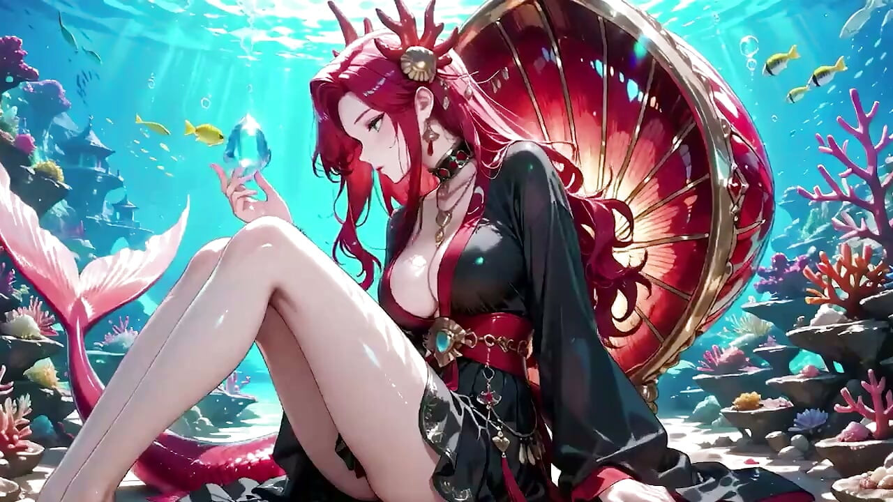 Forbidden Feast in the Underwater Palace, Black and Red Kimono Slightly Wet.