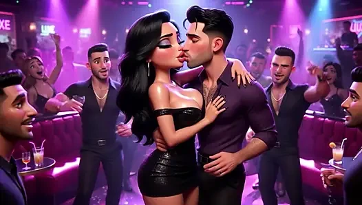 Красивая женщина наслаждается захватывающей ночью в ярком клубе, танцует, целуют мужчин и становится полностью обнаженной на всех четвереньках