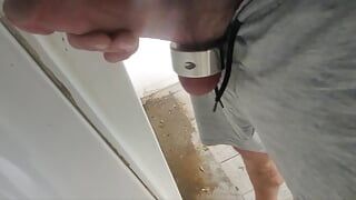 Big cock jerks off in public toilet