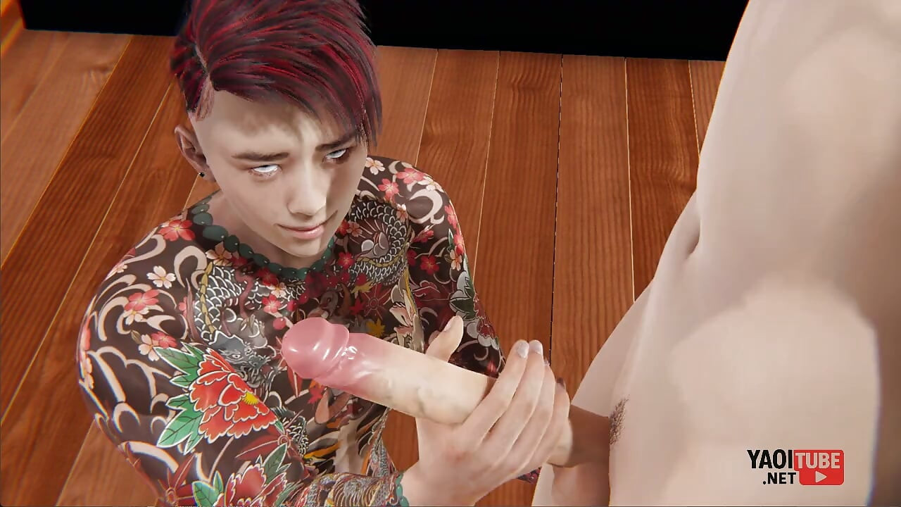 Yaoi - Guy with a Fully Tattooed Body Gives a Twink a Handjob and Then Rubs Himself Against His Pecs