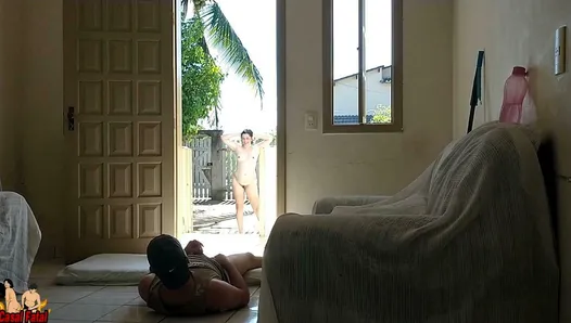 My wife and me having sex facing the street. She's teasing me nude in the front yard.