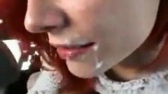 Redhead sucks out cock dry for warm cum