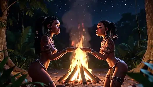 Сладострастные женщины из племени чернокожих выполняют первобытное поклонение огню на всех четвереньках, покрытых маслом и священной землей ночью