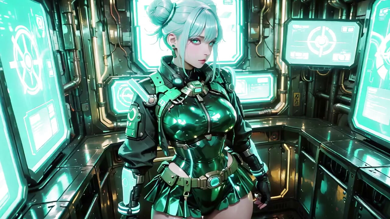 The Green Armored Girl! Silver-haired Valkyrie kneeling and glancing back, fingertips tracing her cold metallic suit.