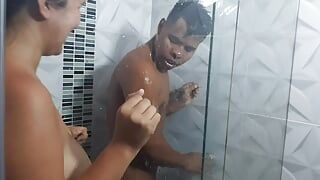 I'M TAKING A SHOWER AND MY STEPSISTER'S BITCH COMES IN TO SUCK MY COCK