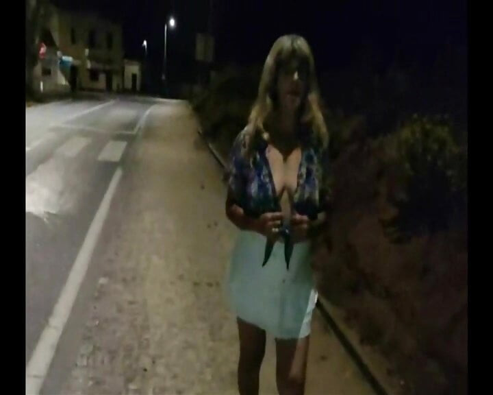 Mel showing off in public on the side of the road