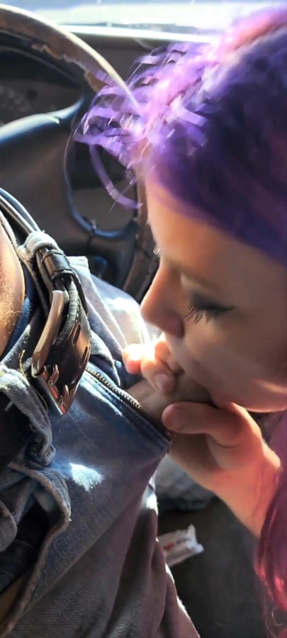 Sexy purple haired girlfriend worships my cock in the car | Clip 1