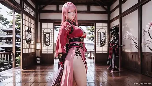 Pembe saçlı savaşçı tatami'nin üzerinde diz çöküyor, yüksek yarıklı kimono, kar yağışlı kalçalarını ortaya çıkarmak için kayıyor.