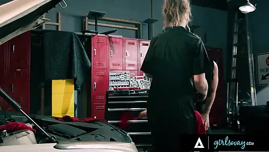 GIRLSWAY - Auto Shop Owners Tommy King & Octavia Red Blow Off Steam With Sweaty Strap-On Sex