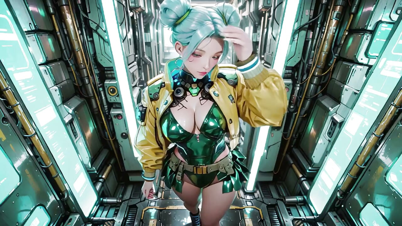 The Green Armored Girl! Silver-haired Valkyrie kneeling and glancing back, fingertips tracing her cold metallic suit.