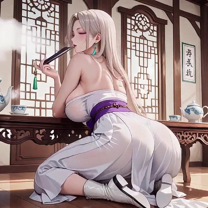 White Kimono Maid! Kneeling in the Japanese Corridor, Huge Slit Revealing Wet Thighs Under the Sun.