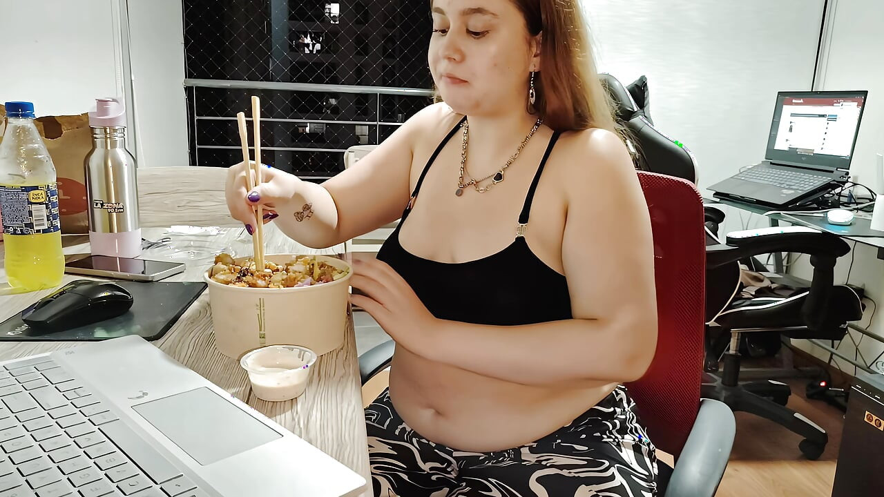 Nicole's Massive Takeout Stuffing - Belly & Ass Tease