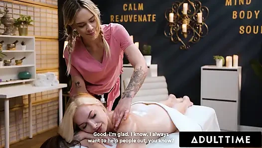 ADULT TIME - массаж грудастого Cubbi Thompson становится шаловливым, как Дилан Мур жестко лижет киску и ножницы!