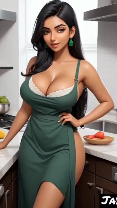 Zadivljujući trenutak iz filma "Indijska desi djevojka Jaya nosi pregaču u svojoj kuhinji (Ai model)"