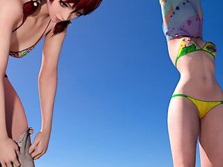 可爱的 futanari 女孩在脱衣服的同时在海滩上操她的朋友
