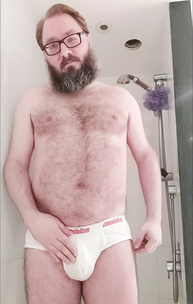 Chastity bear pisses white Aussiebum briefs