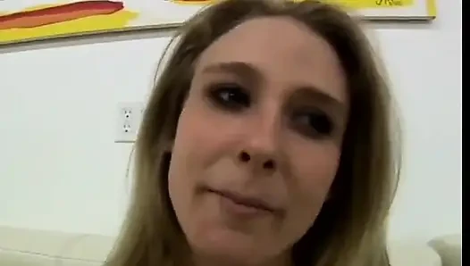 Horny blond bitch gives bj from POV and catches cumshot with her ass