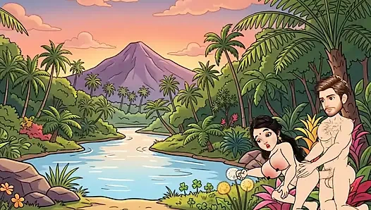 Man fucks woman with big cock in the forest, woman is very happy.