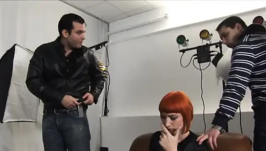 Hot horny redhead takes two big cocks