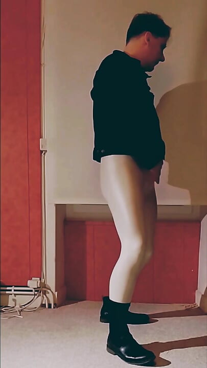 Masturbation through White Vinyl Leggings