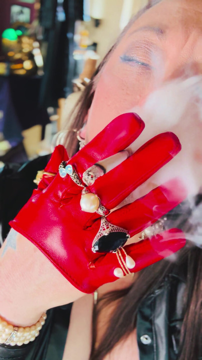 British Smoker Tina Snua Smokes A Cigarette In Short Leather Gloves & Rings - Smoking Drifting OMI OME Gloved | Clip 1