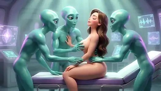Schöne new yorker frau hilft leidenschaftlich drei aufgeregten aliens, Erleichterung zu erreichen - ai generiert