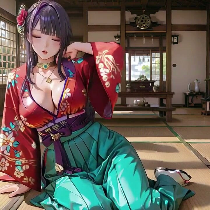 Purple Hair & Kimono! Seductive Kneeling in a Japanese Garden.