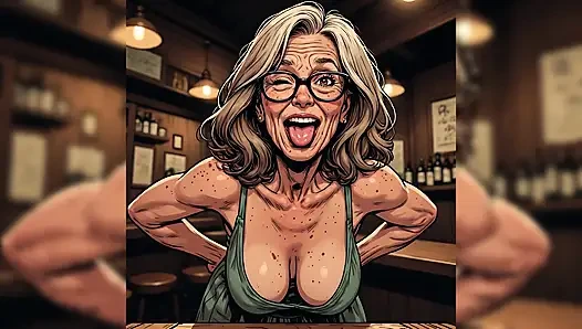 Wanita dewasa di bar (seni gaya komik toket)