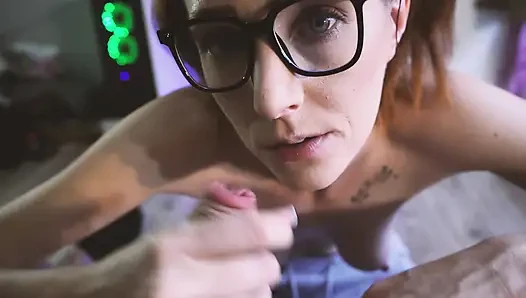 Bratty Nerdy Girl Plays with Foreskin, Sucks Dick Then Gets Titty Fucked and Cum on Glasses